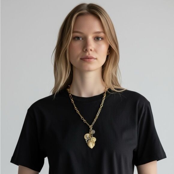 House Of Harlow 1960 Paperclip Charm Necklace Gold-Plated Silver Heart 16"+3 New - Picture 1 of 13